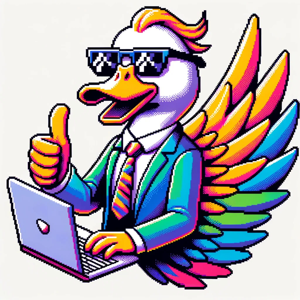 Pixelated representation of a charismatic duck with sleek sunglasses. One of the duck's wings forms a thumbs-up gesture, and the other is typing on a laptop. The entire image is filled with vivid rainbow colors, giving it a lively feel.